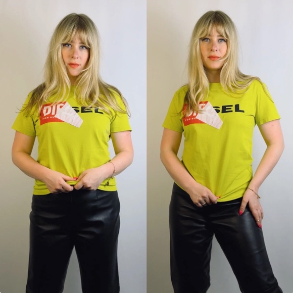 Diesel Brand Short Sleeved Cotton Crewneck Graphic Logo Tee Shirt in Yellow S/M - Picture 1 of 11